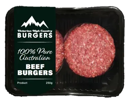 Two beef burgers are in a plastic container.