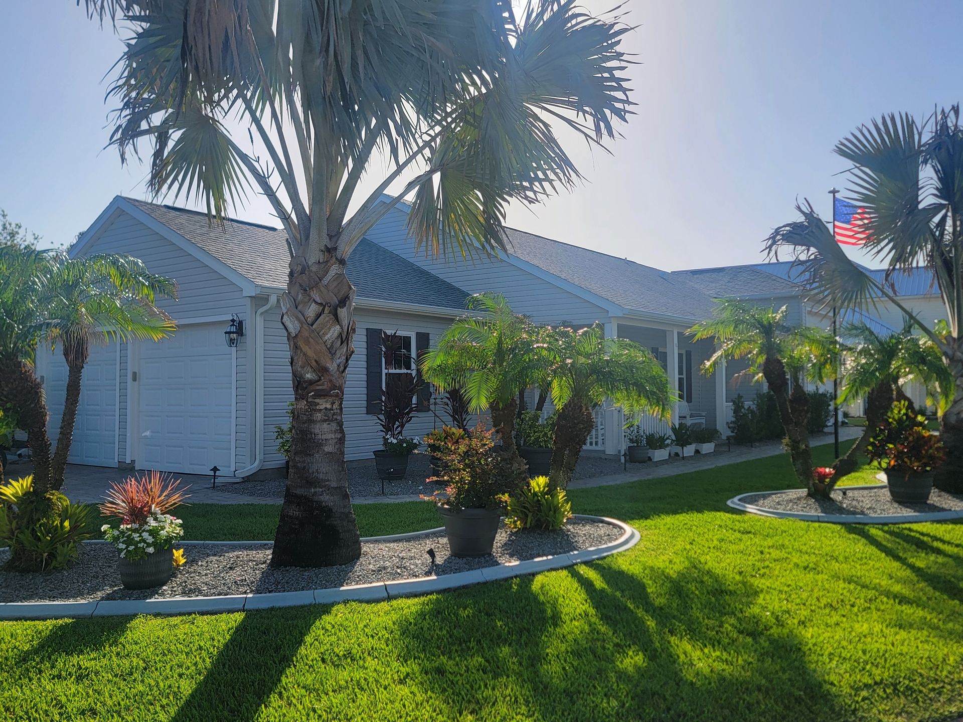 Suburban house with palm trees, green lawn, and bright sunshine in a landscaped yard