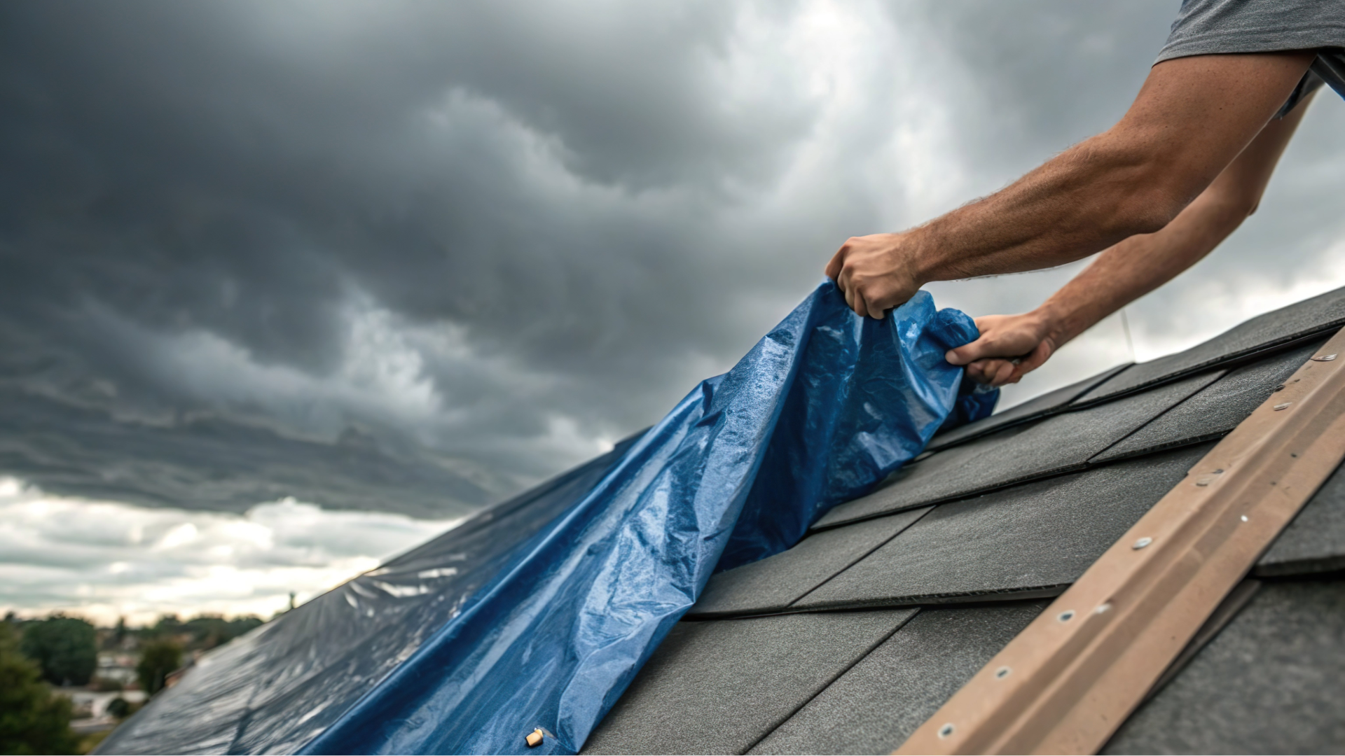 Emergency tarping on a storm-damaged Florida home roof