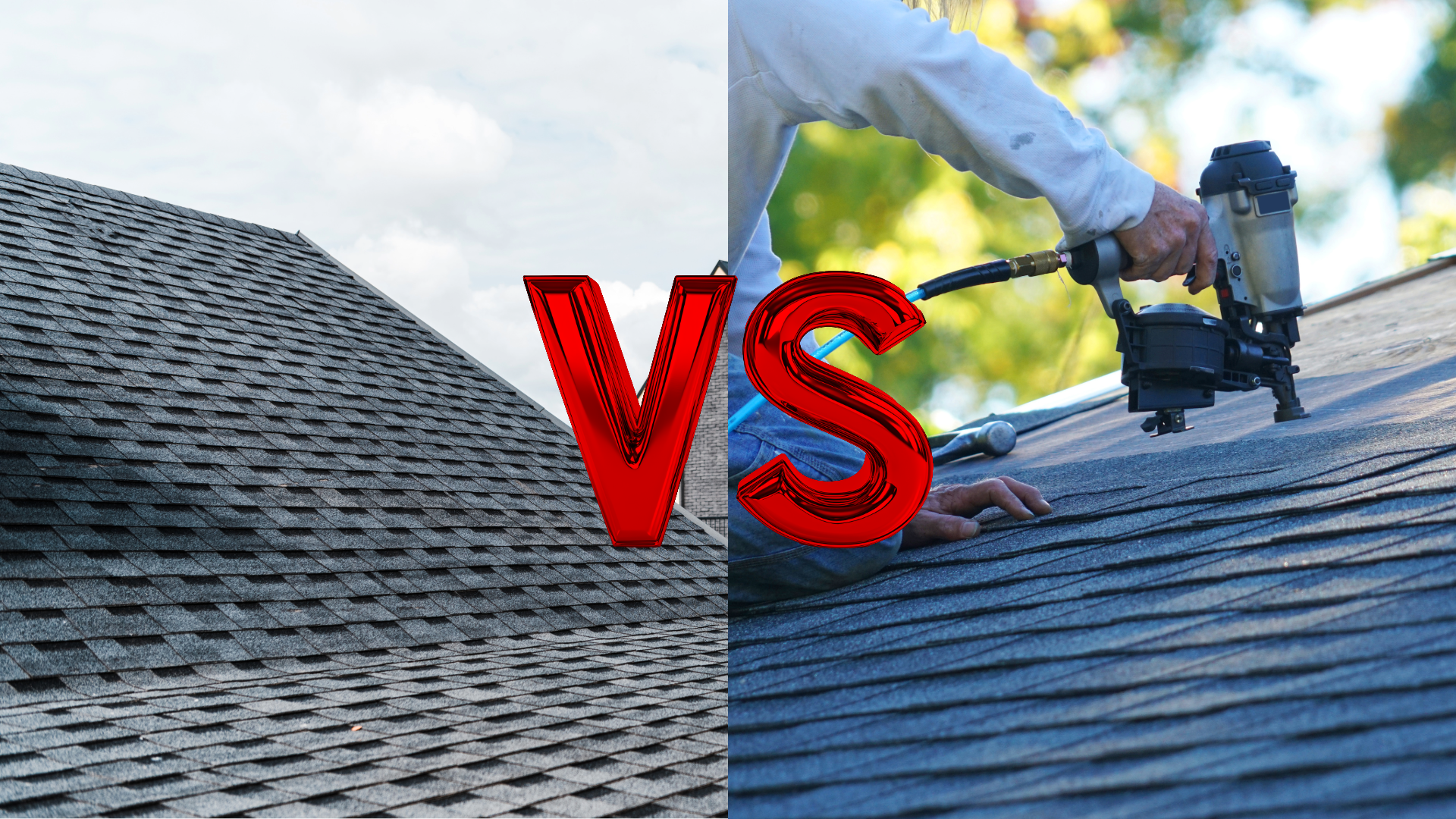 Roofing comparison graphic with red “VS” between close-up shingles and a roofer using a nail gun.
