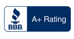 BBB A+ Rating badge in blue and white with the BBB torch logo.