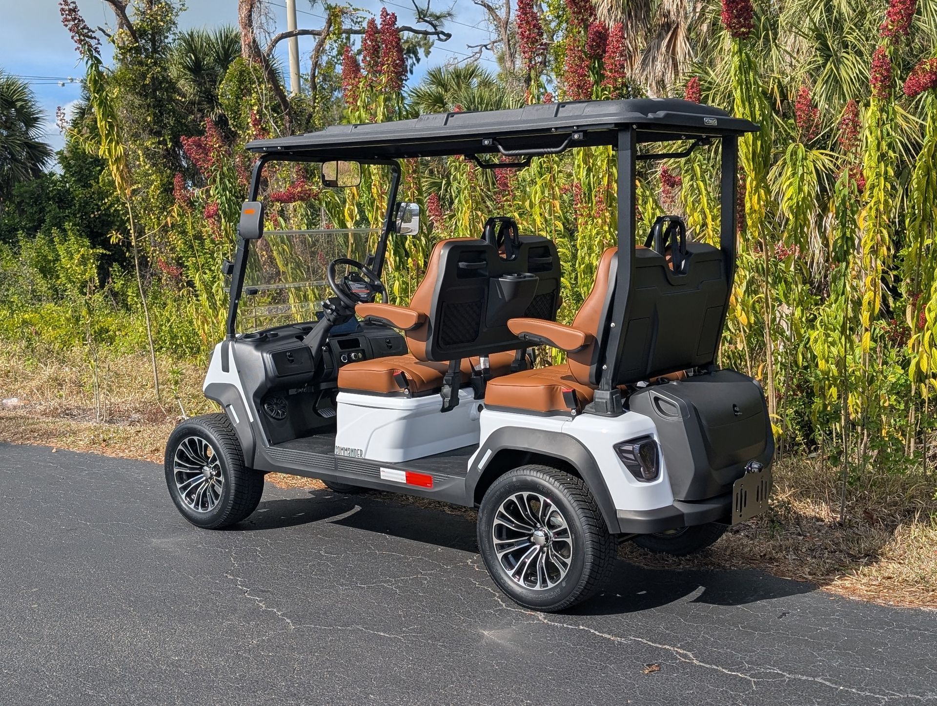White and black golf cart parked on a roadside beside green bushes and trees