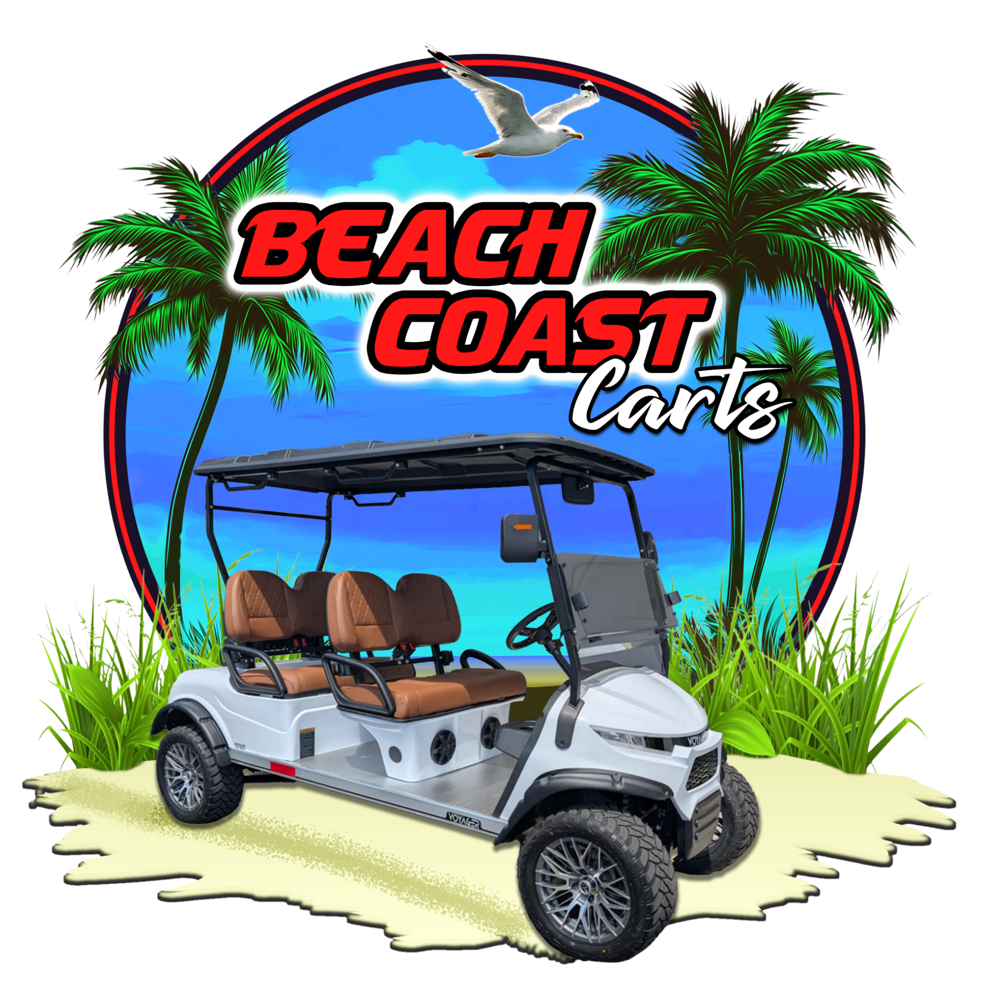 Beach Coast Carts logo with a white golf cart on a tropical beach under palm trees and blue sky
