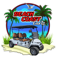 Beach Coast Carts logo with white golf cart on a tropical beach in red oval frame