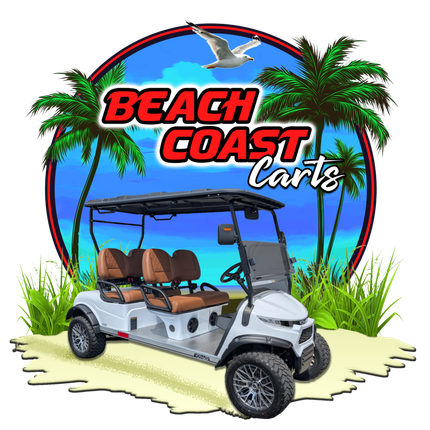 Beach Coast Carts logo with a golf cart on a tropical beach under palm trees