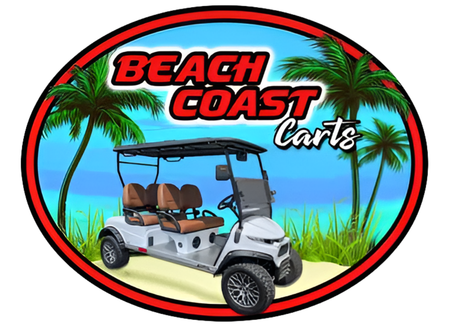 Beach Coast Carts logo with white golf cart on a tropical beach in red oval frame
