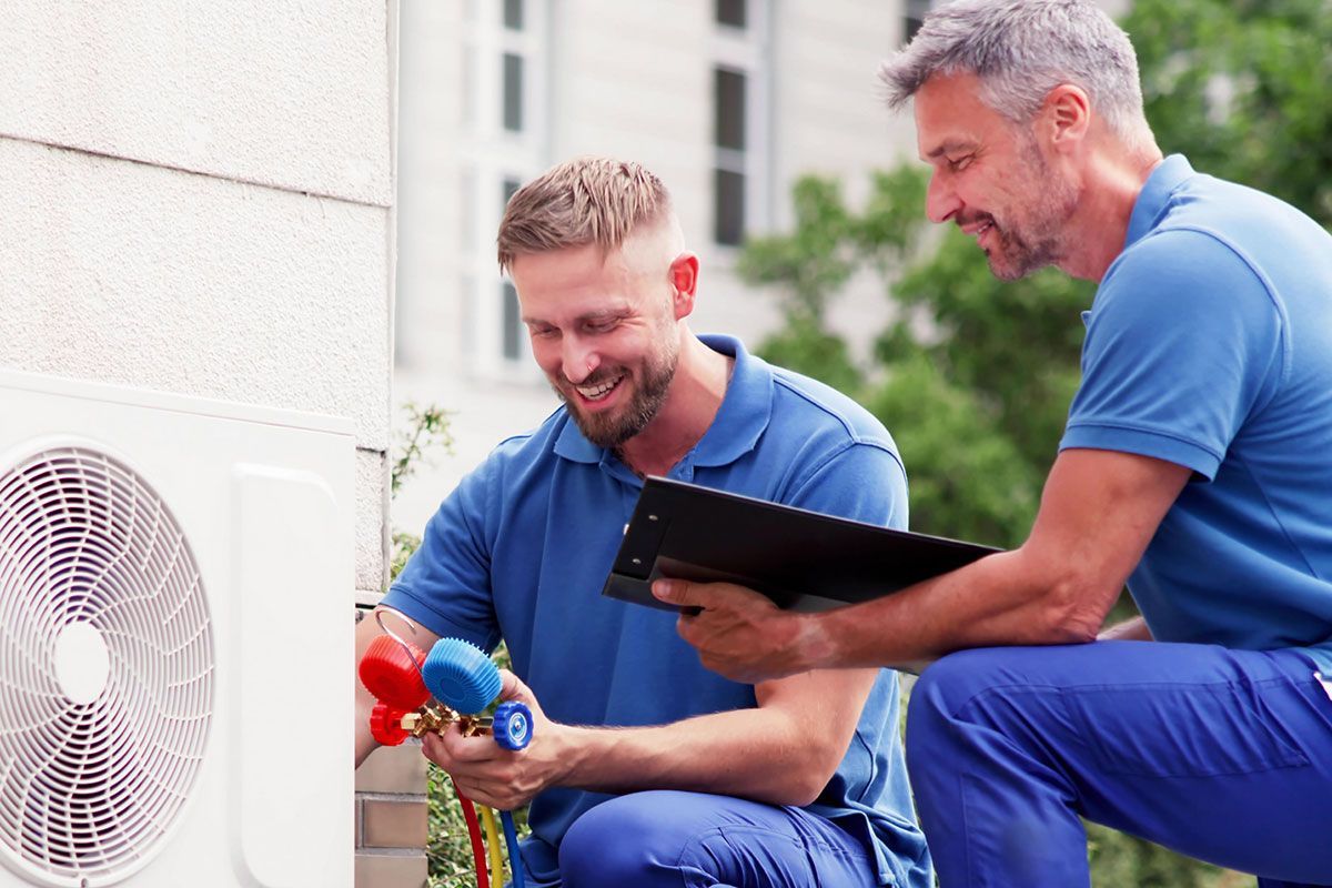 Two technicians in blue shirts fixing an air conditioning unit outside, one holding a clipboard.