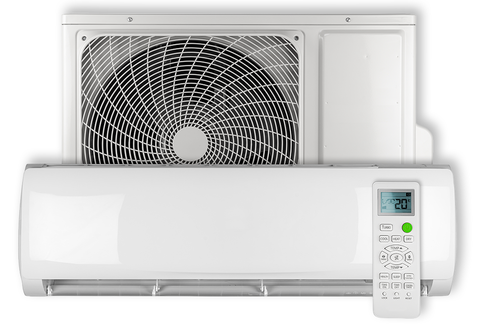 White air conditioner unit with fan and remote.