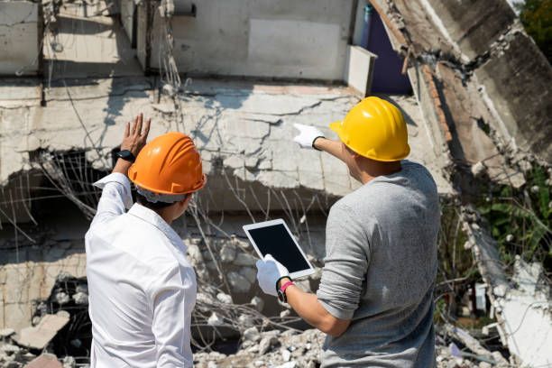 Demolition contractor and foreman discussing a building job.