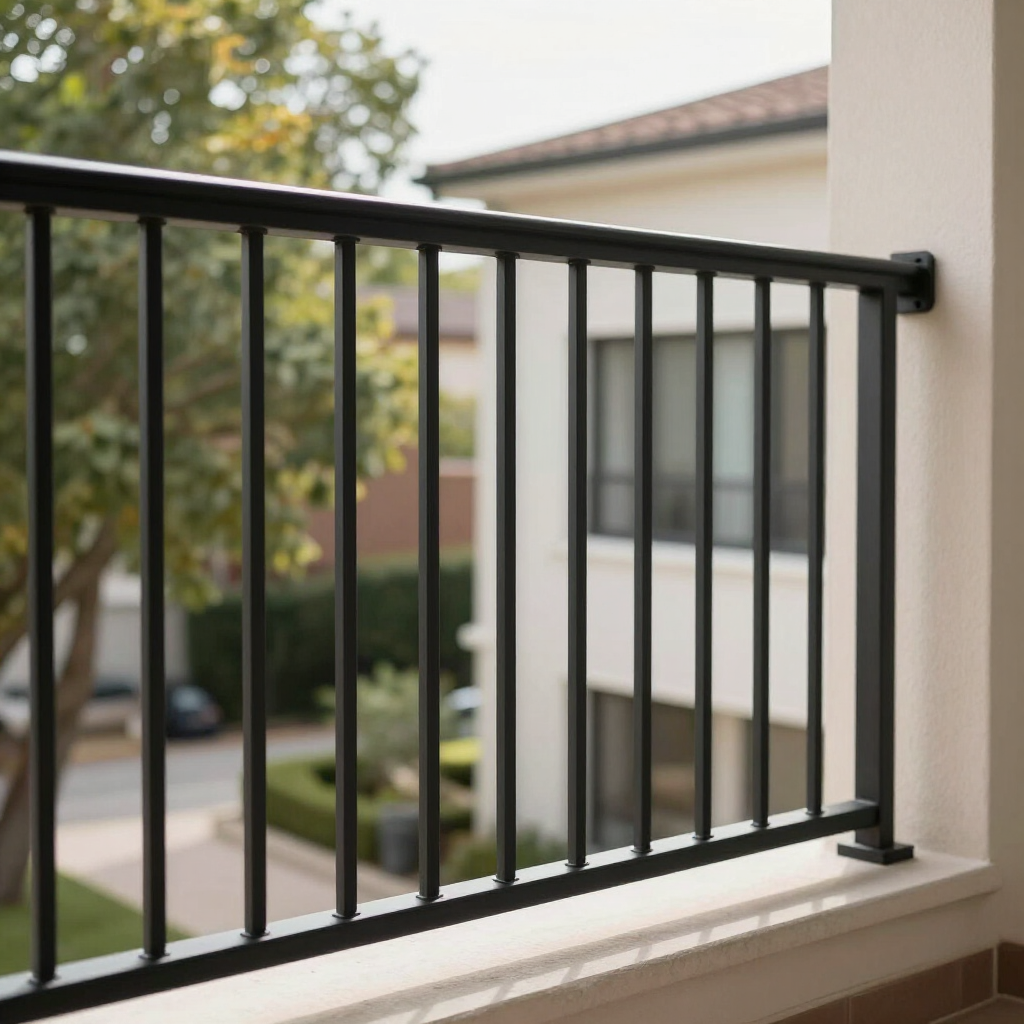 Black metal balcony railing overlooking a Princess Anne apartment courtyard with trees and buildings