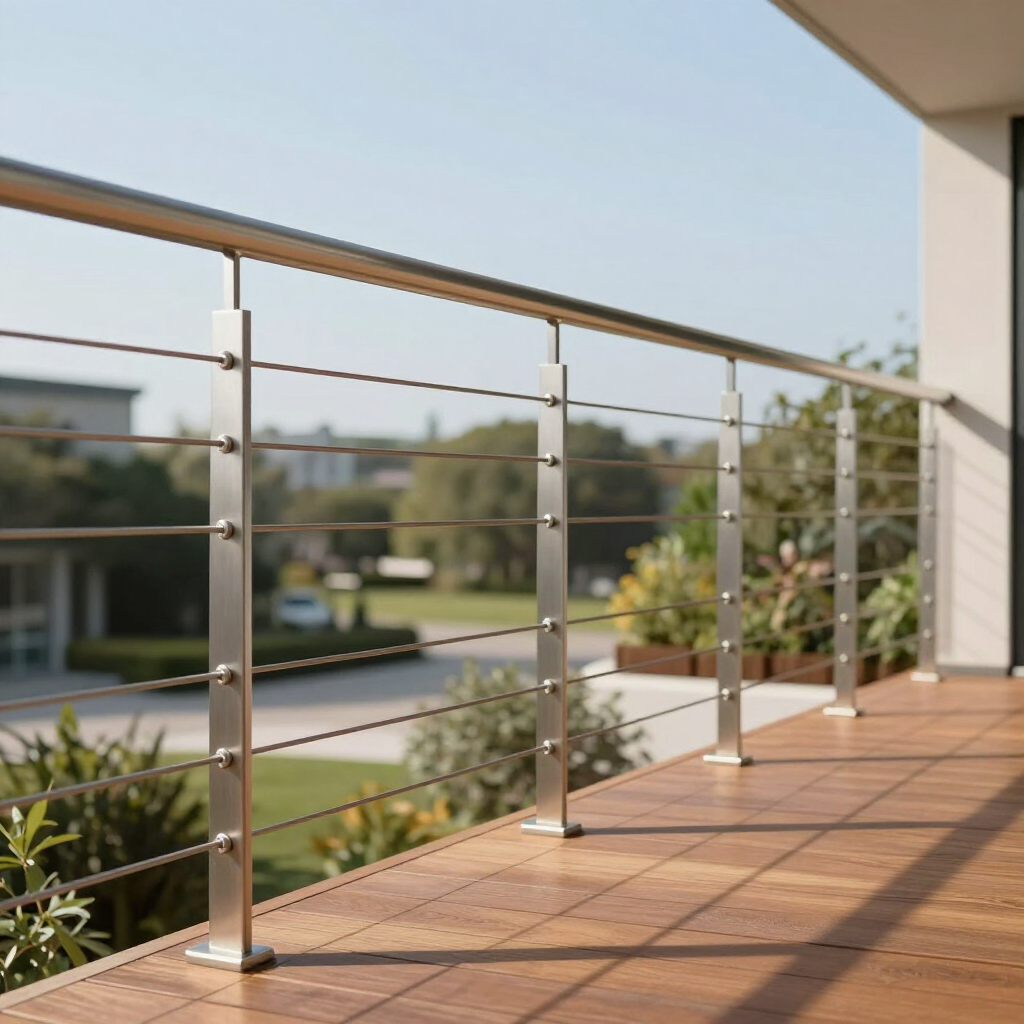 Modern balcony with glass-and-metal railing overlooking a landscaped street and building patio.