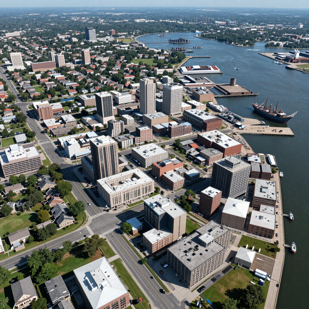 Aerial view of a Newport News, VA waterfront city with docks, ships, and dense buildings along a river