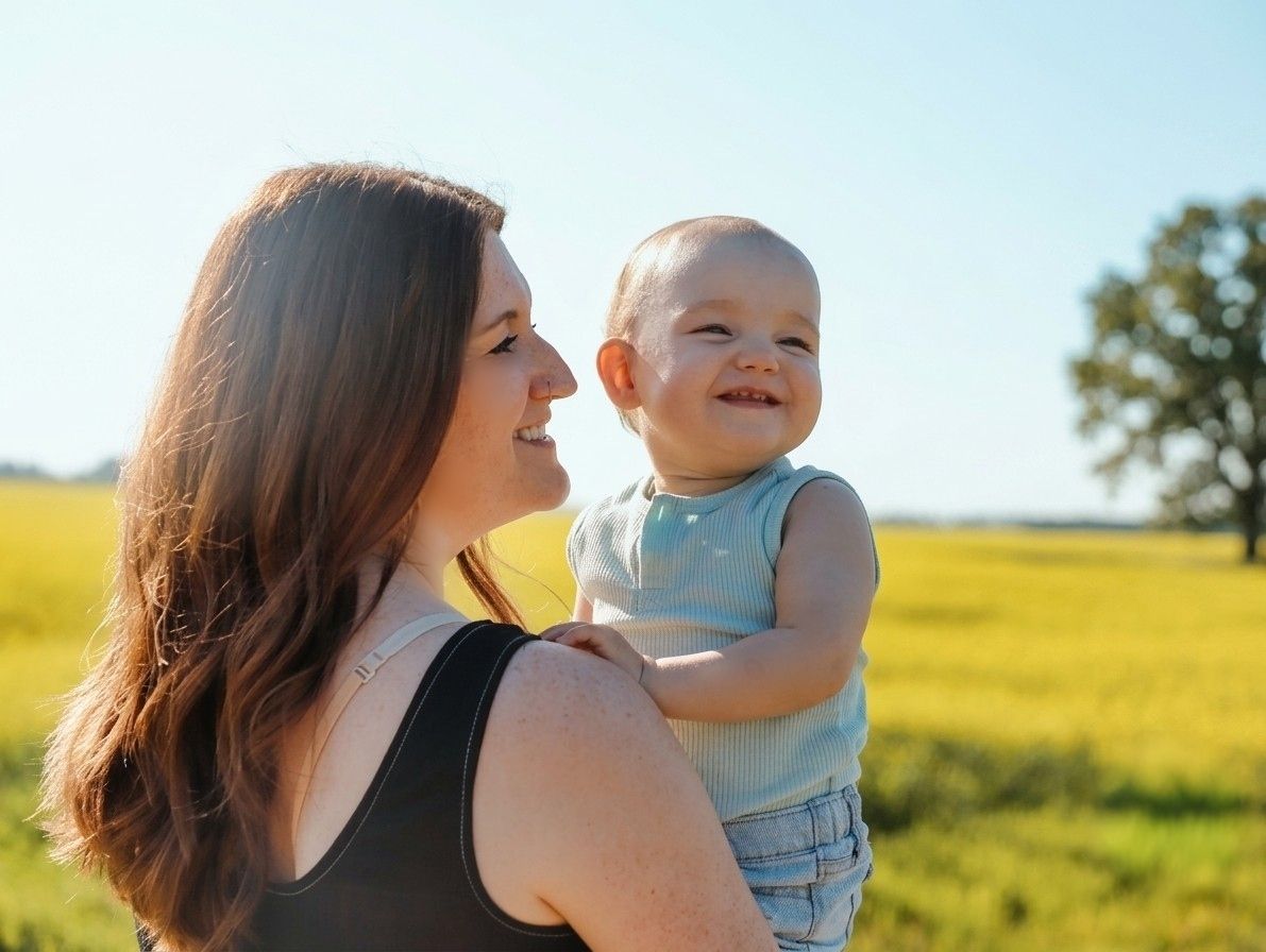 Woman holding a smiling baby in a sunny field with green grass