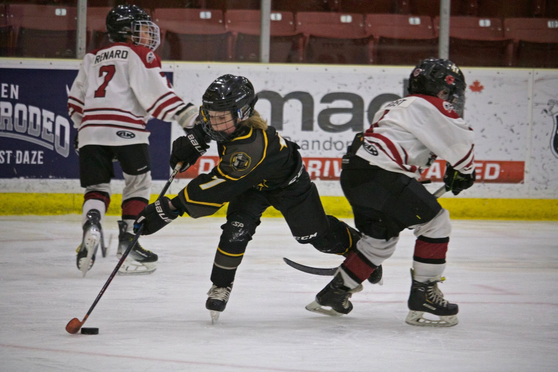 Two hockey players battle for the puck on an indoor ice rink, with a third player in the background.
