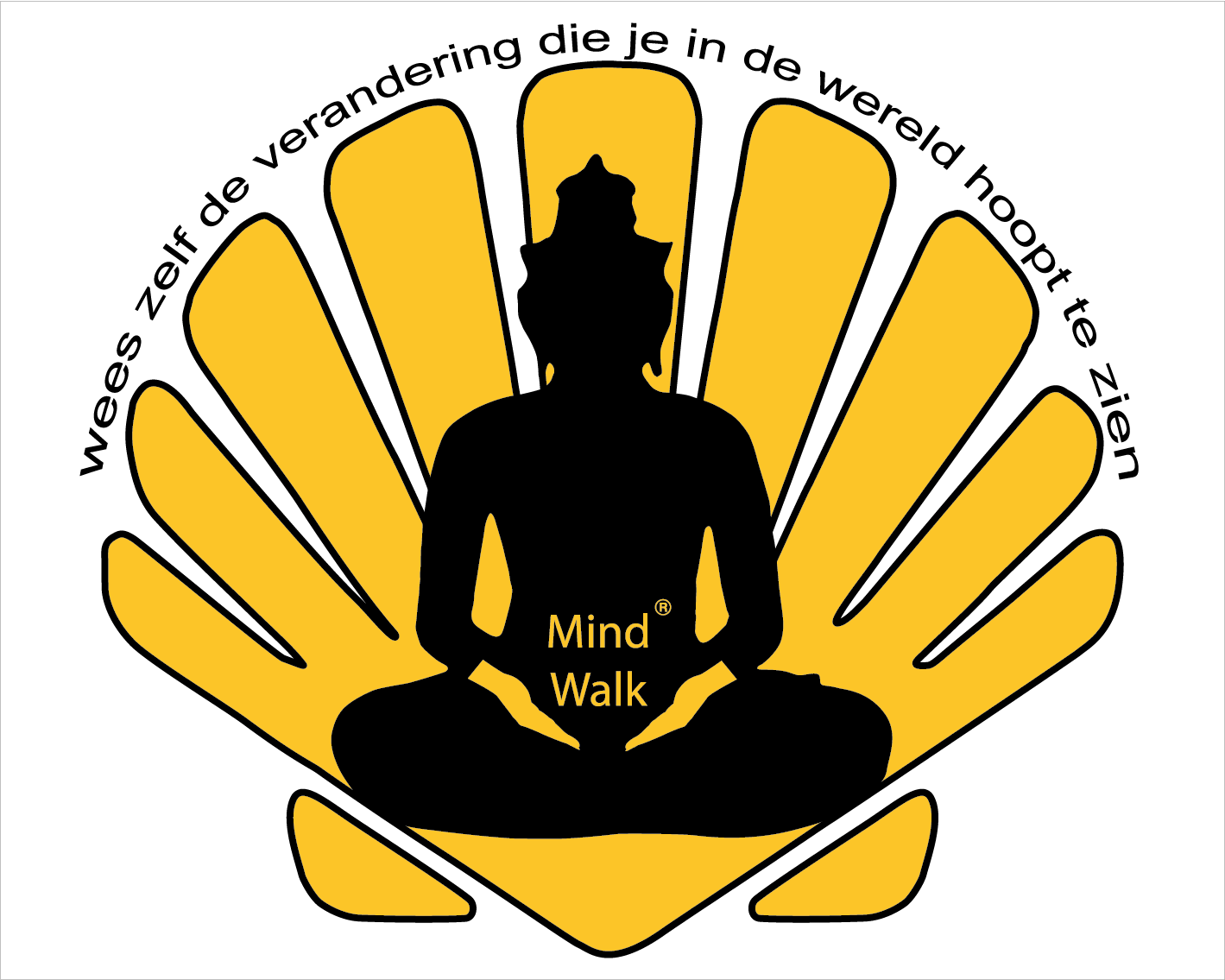 Black meditating silhouette over yellow shell logo with Dutch text