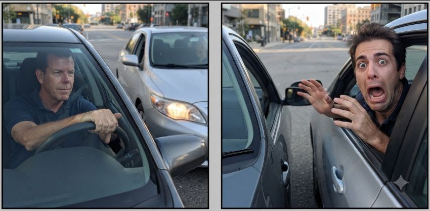Two men in cars beside each other in traffic, one stern and one wide-eyed, reacting through open windows