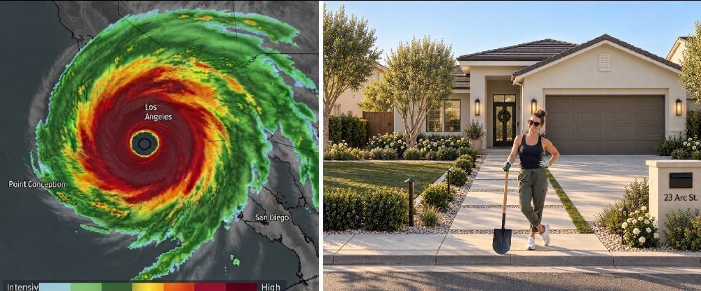 Satellite hurricane map beside a person standing by a suburban house with a broom and bucket