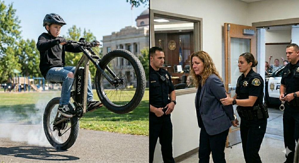 Child riding a bicycle on one wheel; officials watch nearby outside a building.