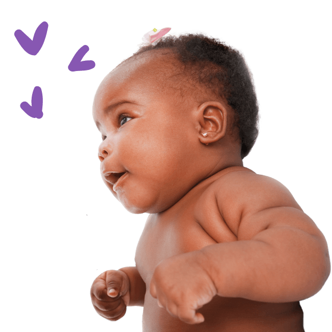 A small infant girl with three hearts sketched above her head