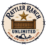 Logo for Rattler Ranch, featuring an excavator. Text reads 