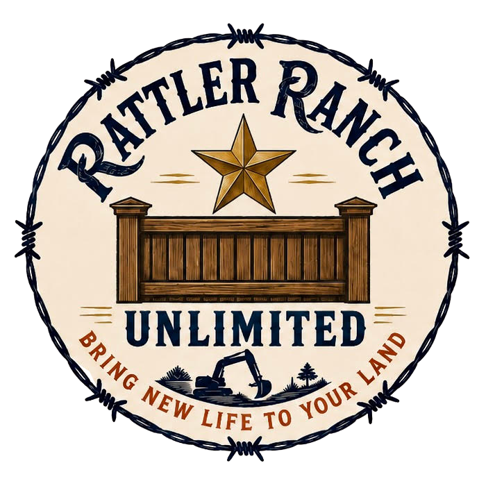 Logo for Rattler Ranch, featuring an excavator. Text reads