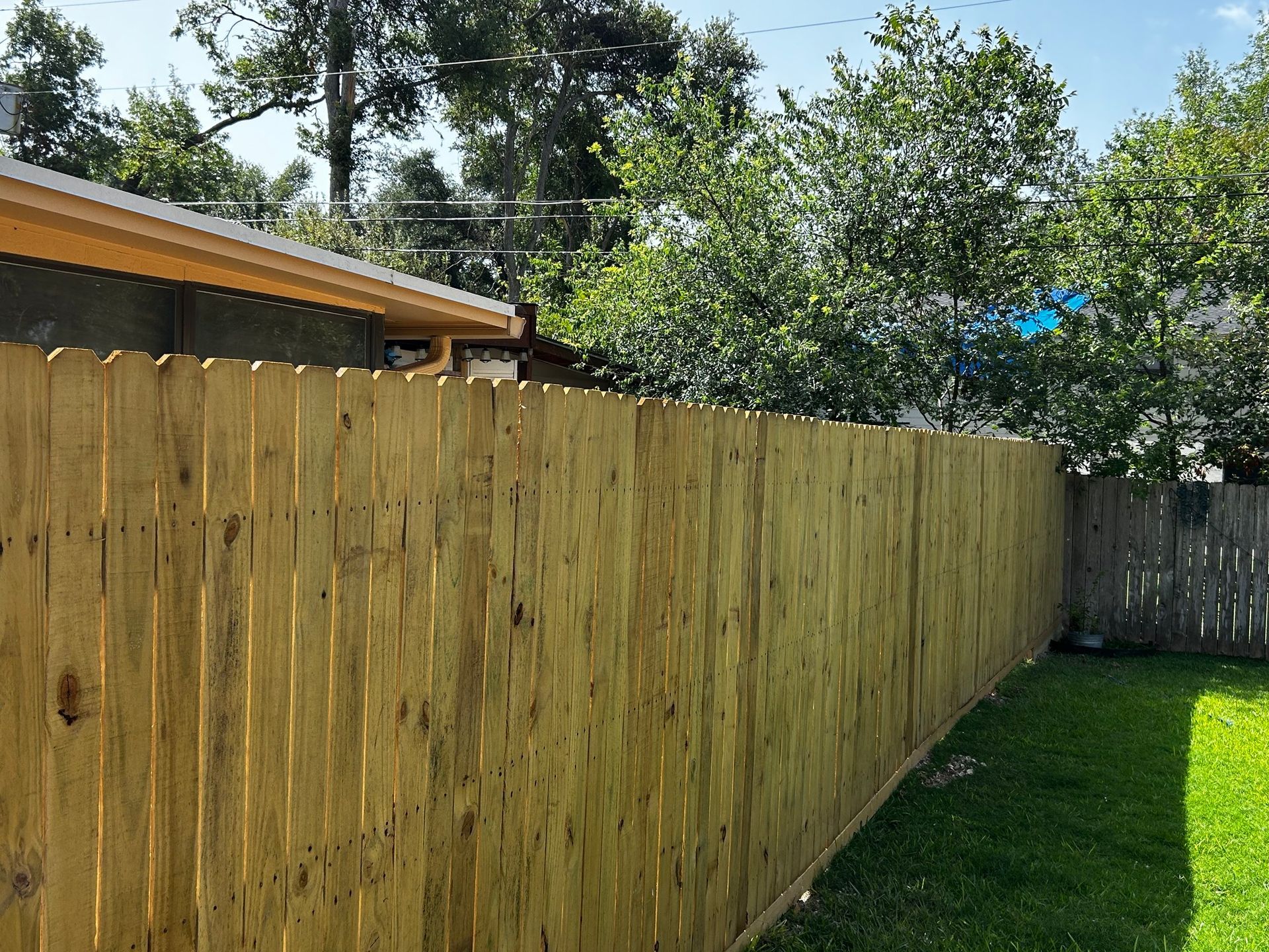 Wooden fence in a backyard, with green grass and trees in the background.