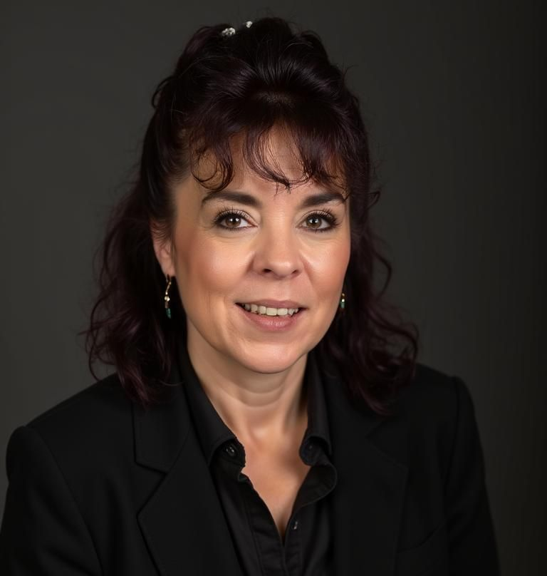 Woman in black blazer smiles, gazing at the viewer, dark hair styled up with small earrings.