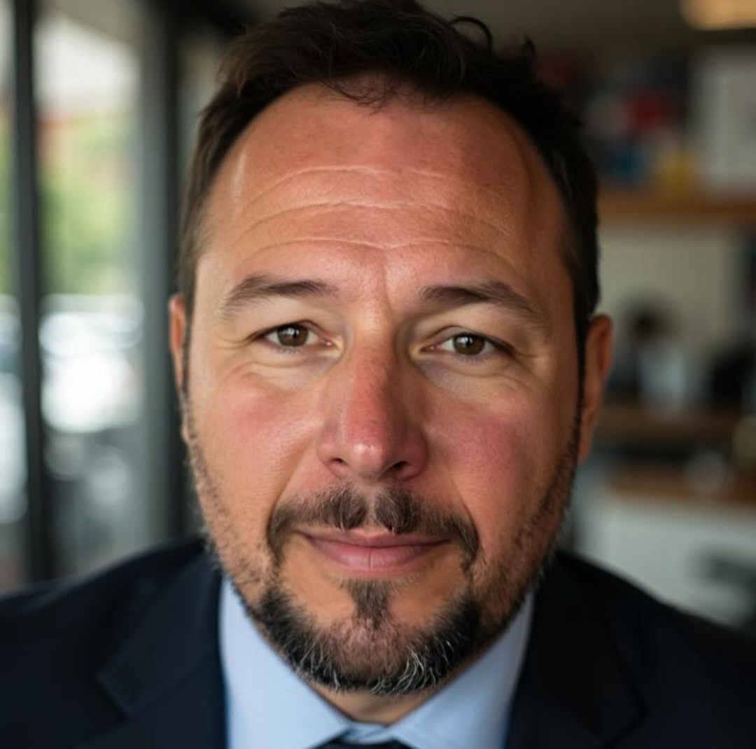 Man with brown eyes, dark beard, wearing a suit jacket, looking at the camera.