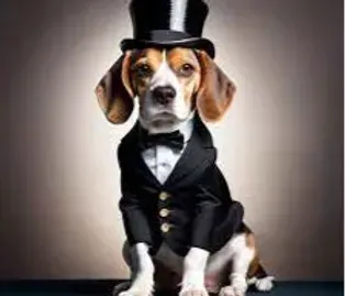 Beagle dog wearing a black tuxedo, bow tie, and top hat.