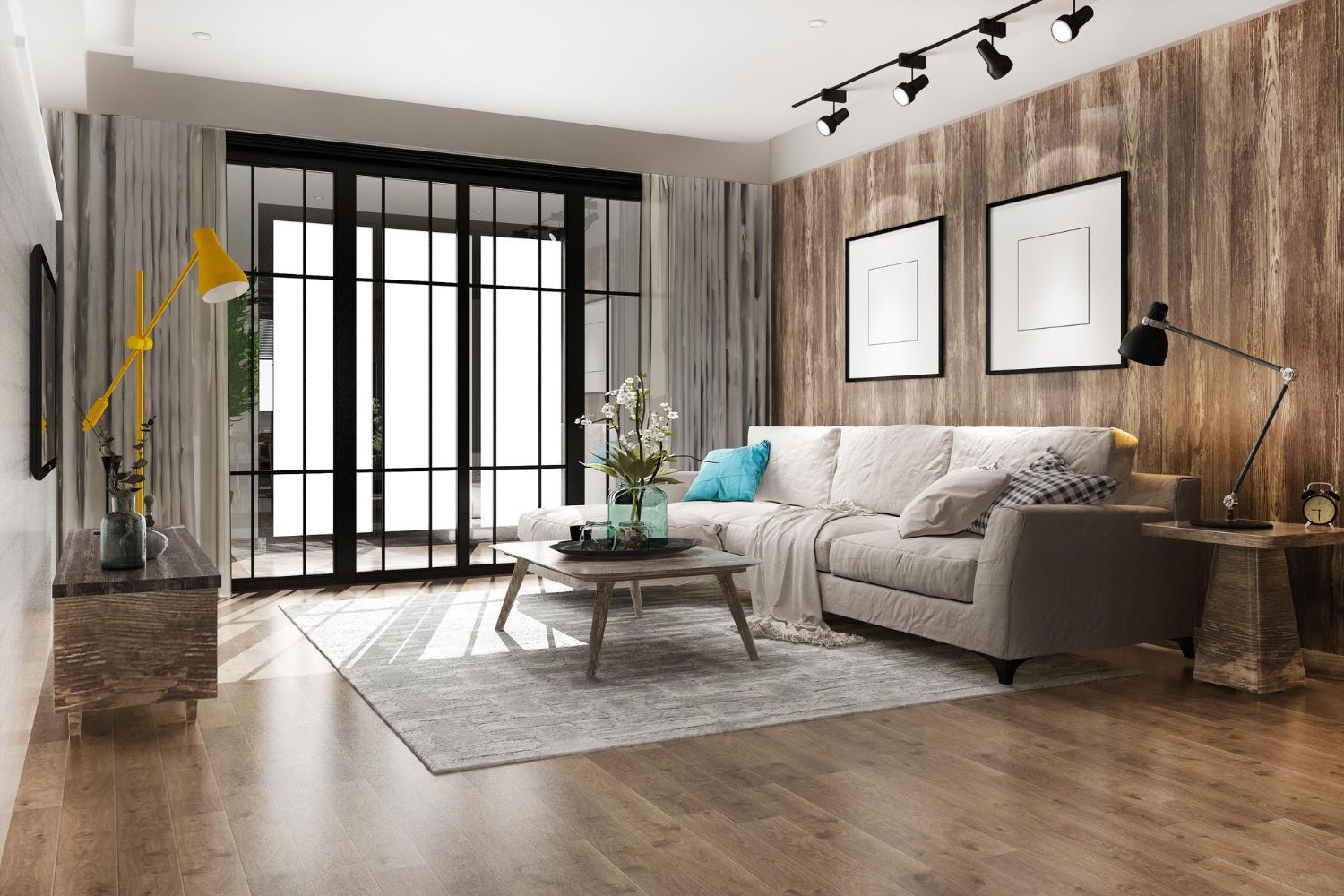 Living room with wood paneling, light gray sofa, and modern decor.