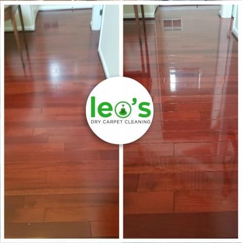 Before and after photos of cleaned hardwood floors, showing a polished, glossy finish after cleaning.