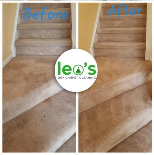 Before and after comparison of carpeted stairs cleaned by Leo's Dry Carpet Cleaning; stairs are lighter and cleaner in the "after" photo.