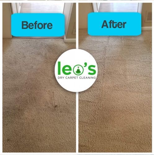 Before and after comparison of carpet cleaning. Dirty carpet before; clean carpet after. The business logo is in the center.