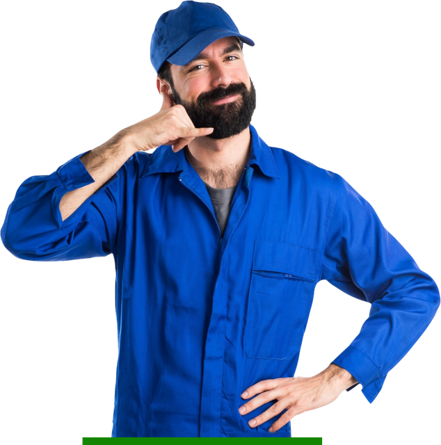 Man in blue work uniform and cap makes a
