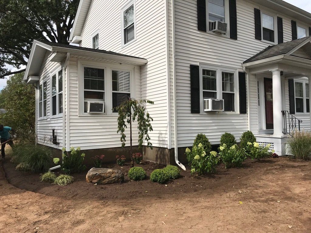 Landscape Install West Hartford Hydrangea, boxwoods, Weeping Cherry, Sod Install, Mulch Installation