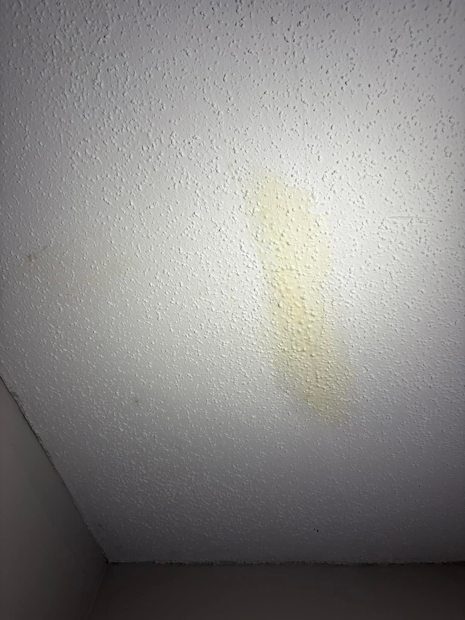 Gray ceiling with a faint yellow stain near the center and a corner visible below