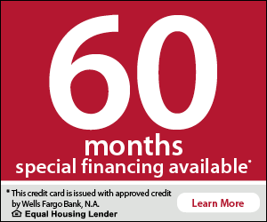 Red financing ad offering 60 months special financing with a “Learn More” button and credit disclaimer