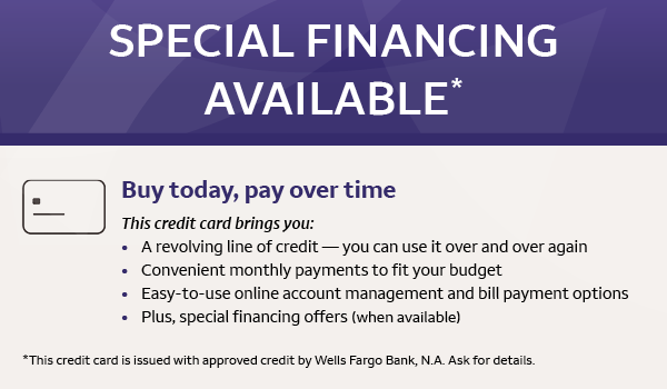 Purple banner ad for special financing available, featuring bullet points about buying today and paying over time.