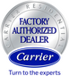A factory authorized dealer logo for carrier air conditioners.