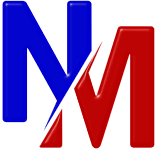 Blue and red stylized NM logo with overlapping letters on a white background