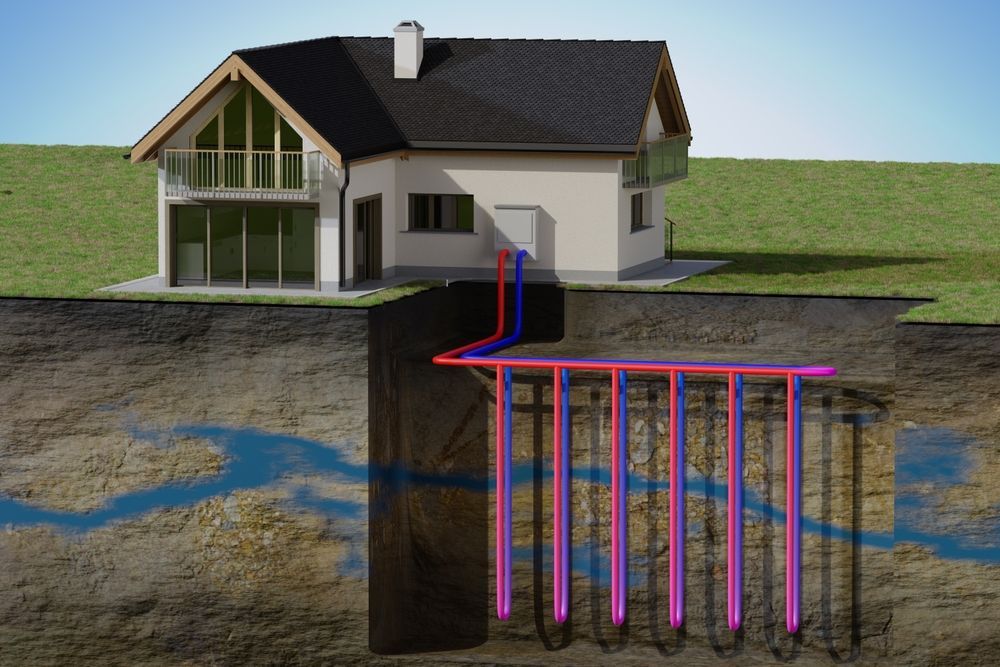An illustration of a house with a heating system underneath it