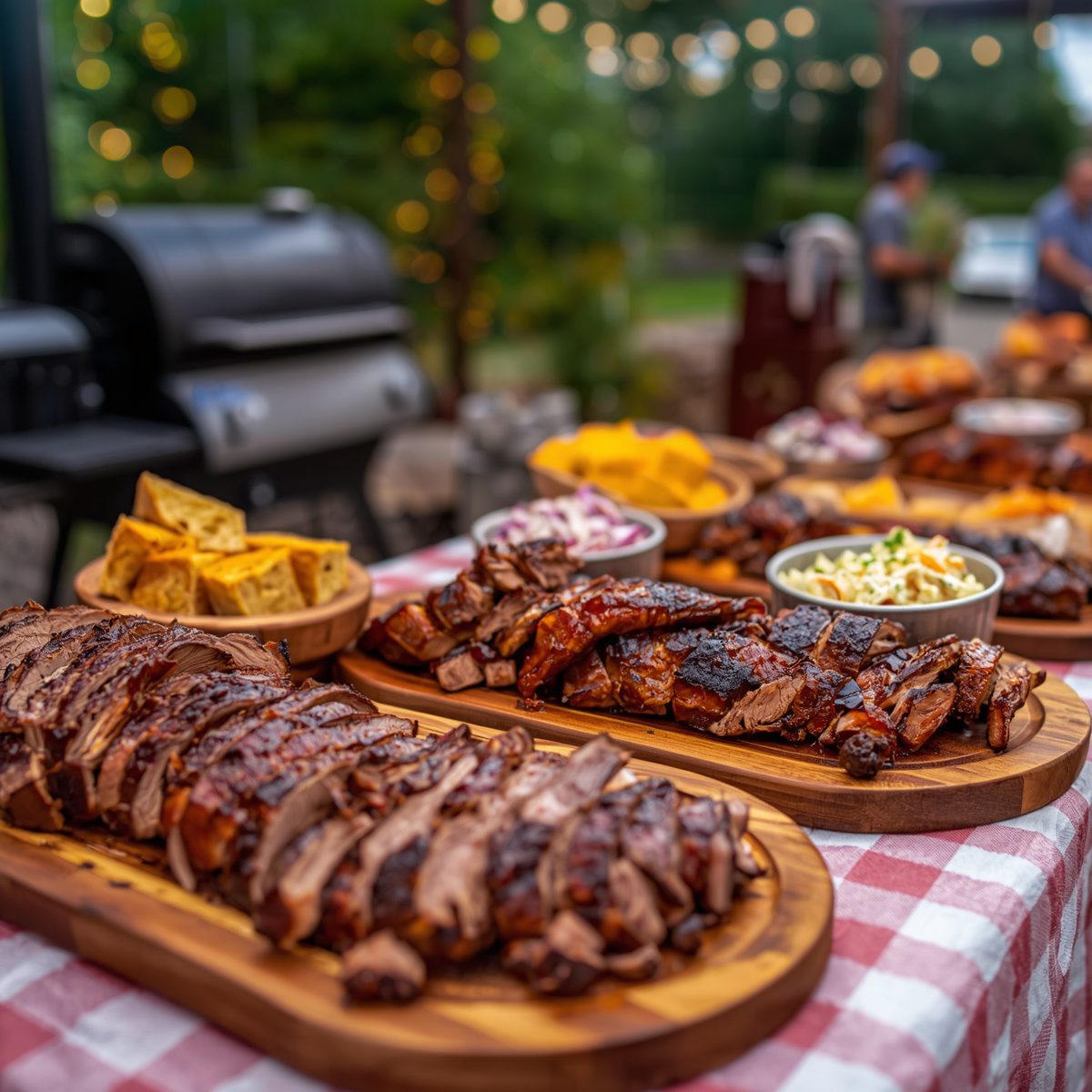 Barbecue buffet on a checkered tablecloth with grilled ribs, sliced meat, sides, and baked potatoes outdoors