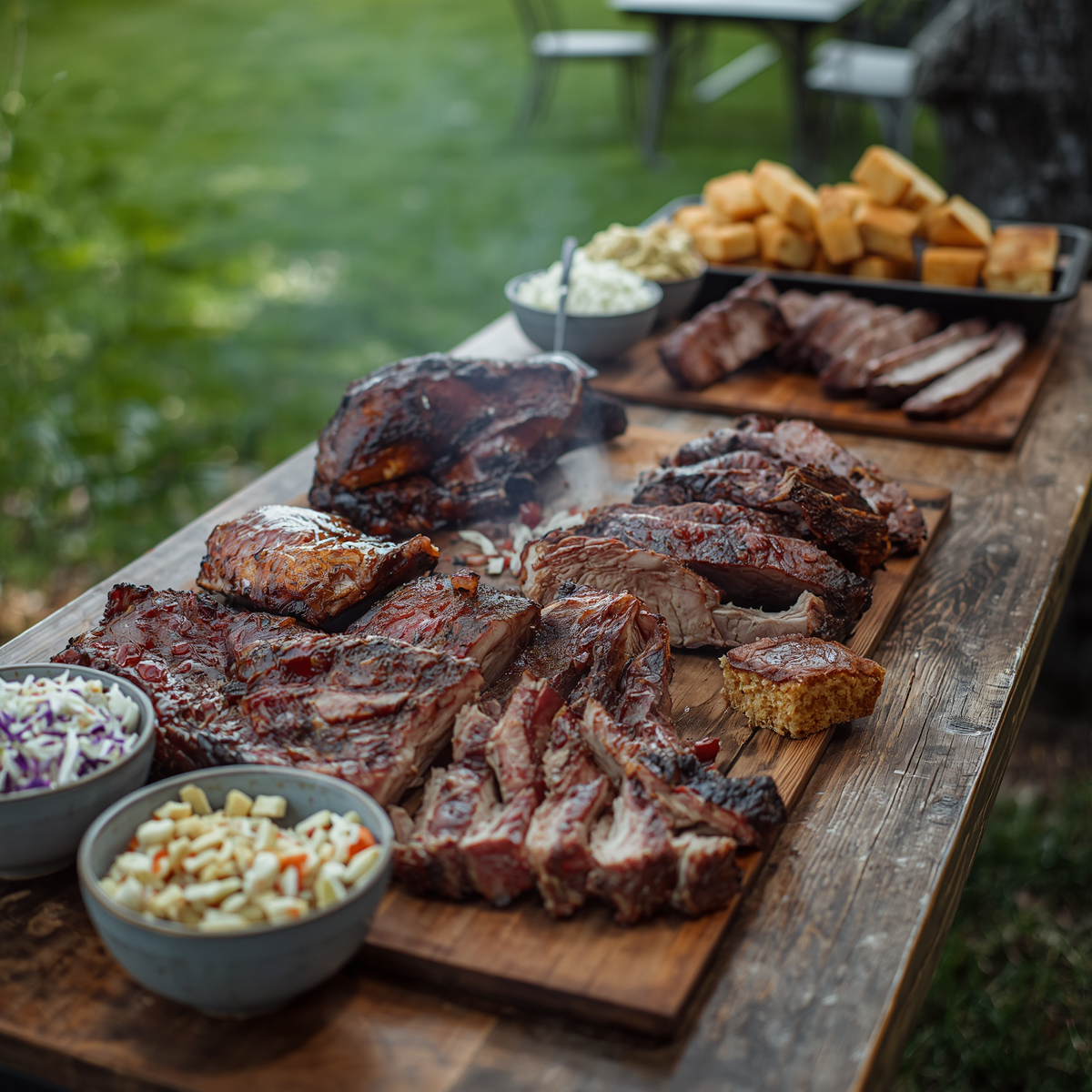 Grilled meats and sides arranged on wooden boards outdoors at a picnic table