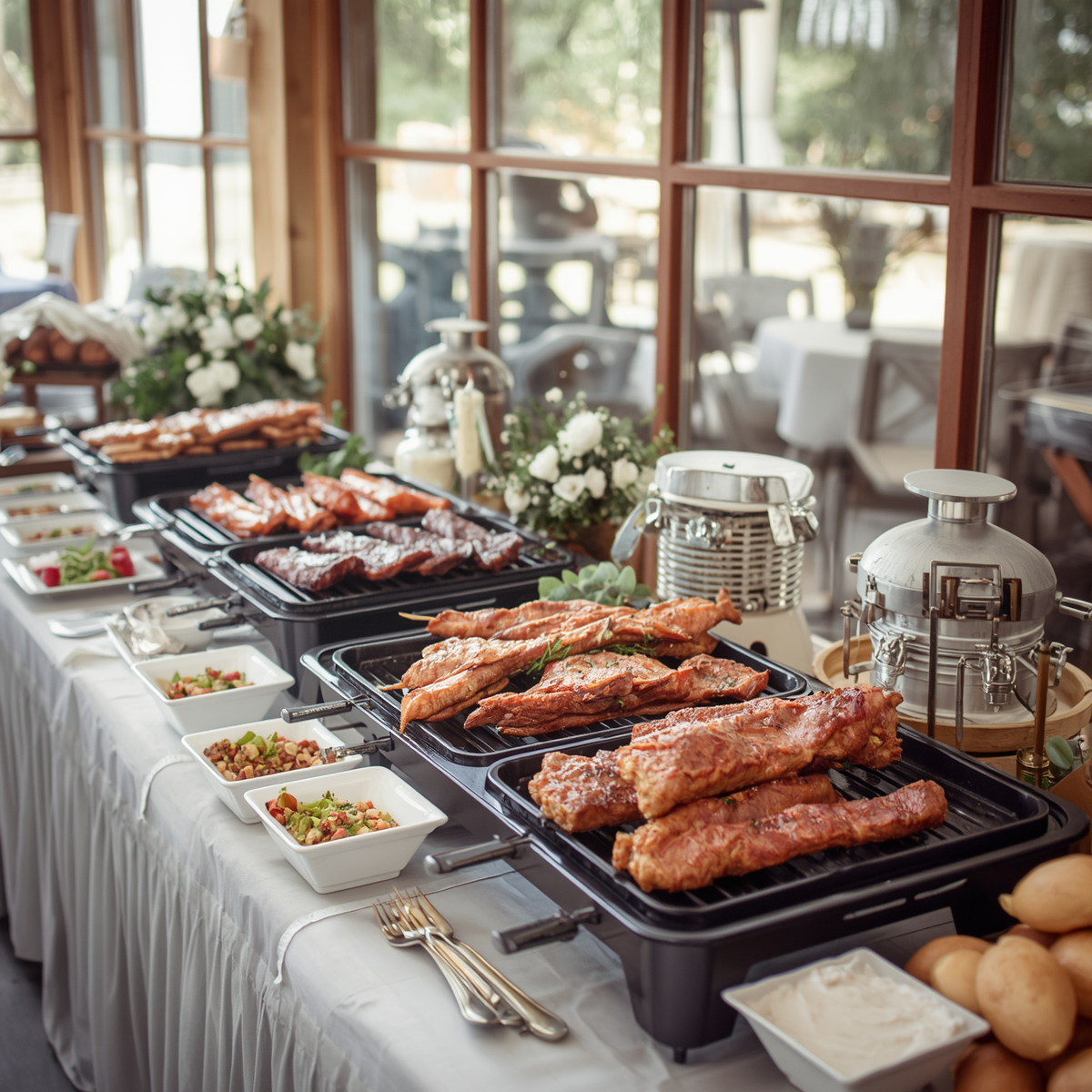 Buffet table with grilled meats, salads, bread, and chafing dishes by a bright window