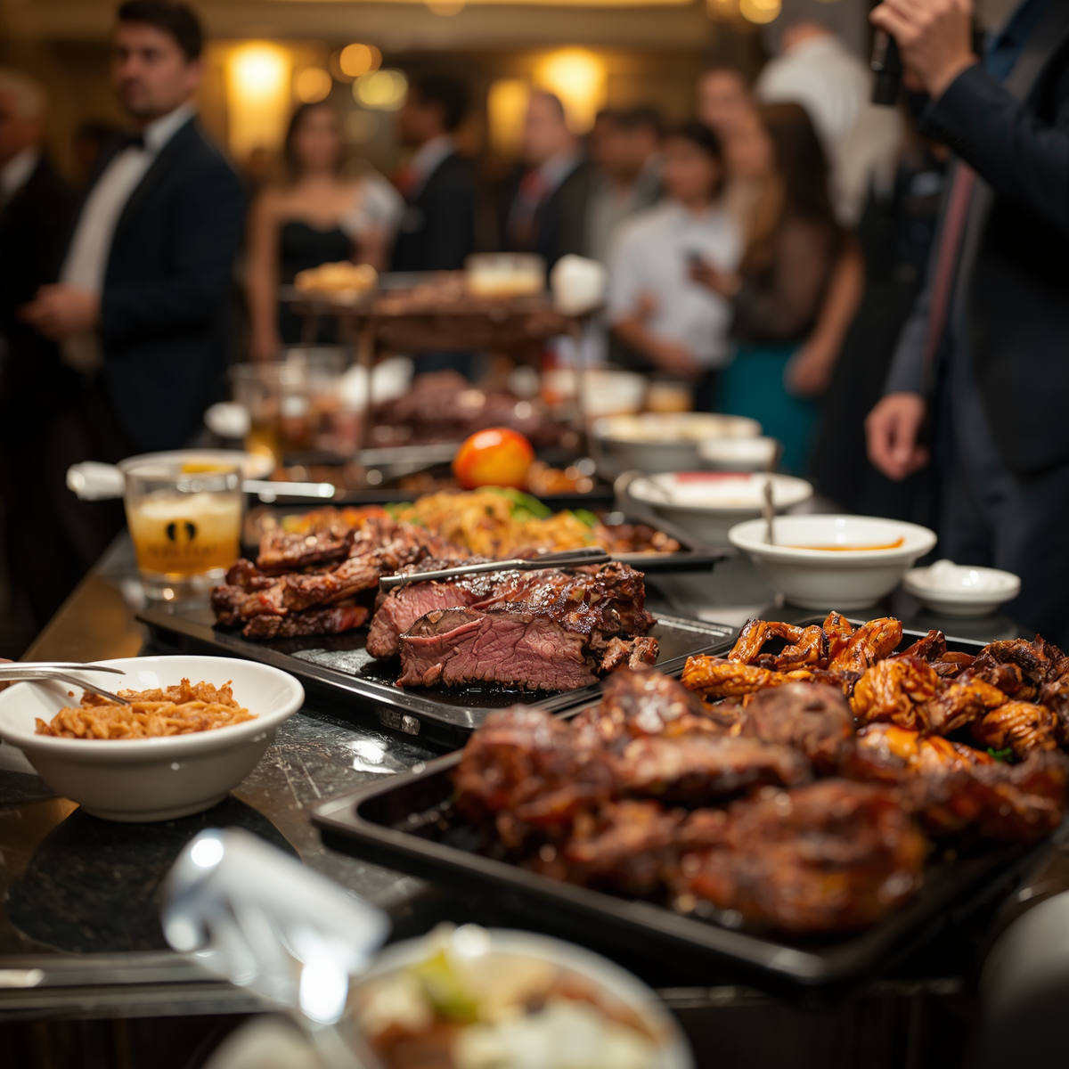 Buffet table with grilled meats and sides at a crowded indoor gathering