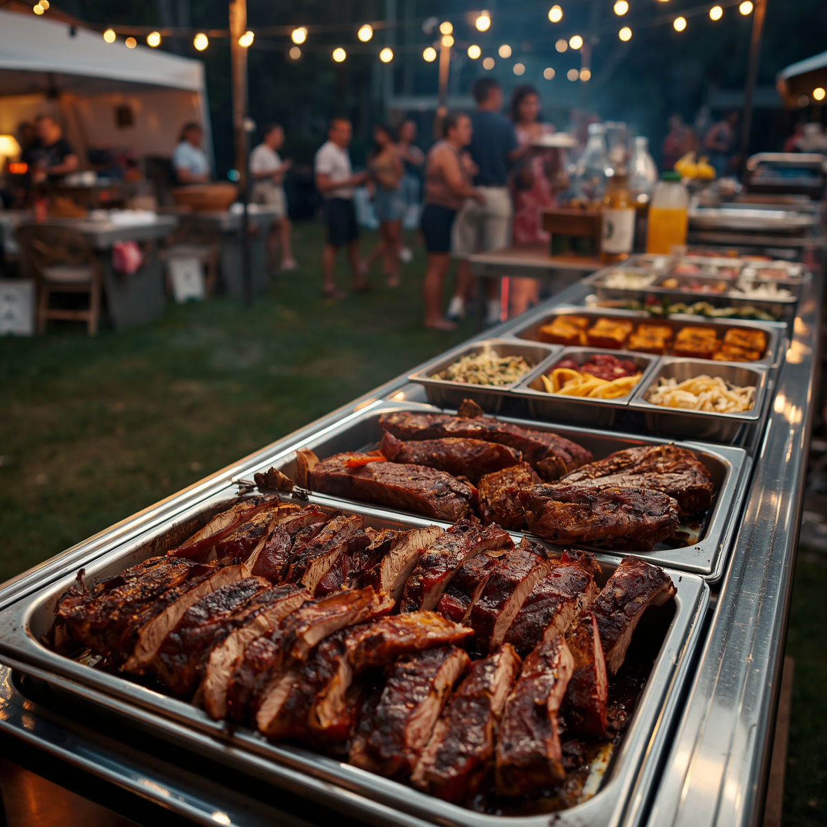 Buffet table with grilled meats and sides at an outdoor evening gathering with string lights
