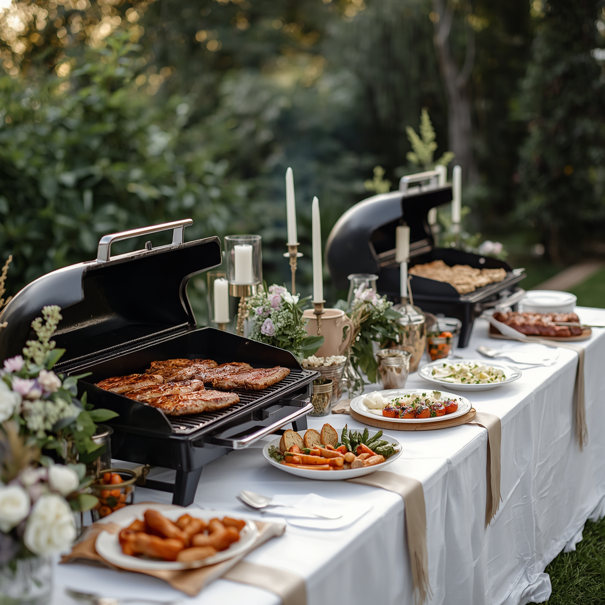 Outdoor buffet table with grilled food, salads, and bread on white tablecloths in a garden setting
