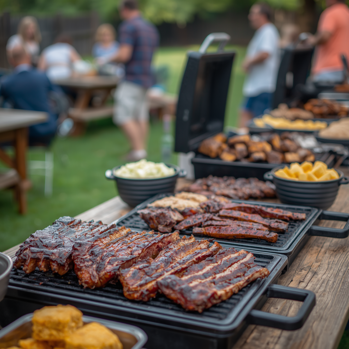 Outdoor barbecue buffet with grilled ribs, sausages, corn, and side dishes on a wooden table