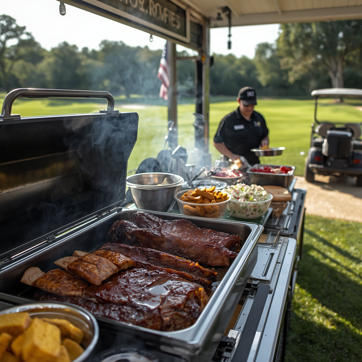 Smoky barbecue buffet with ribs, sides, and a grill setup outdoors on a sunny lawn