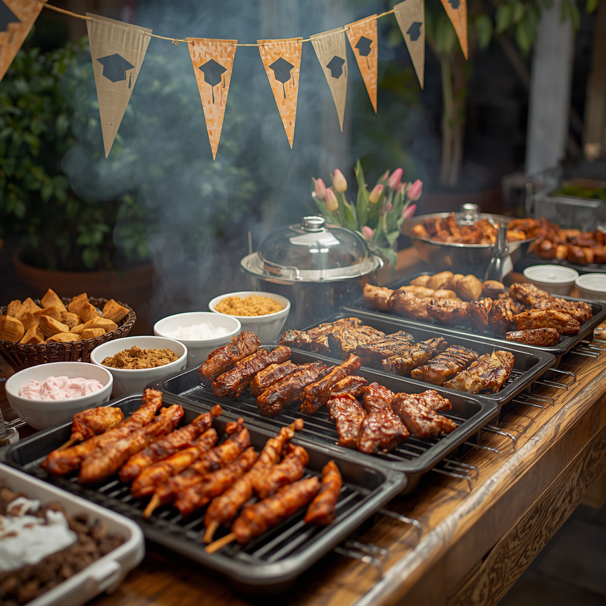 Outdoor buffet table with assorted grilled meats, skewers, and side dishes at a party